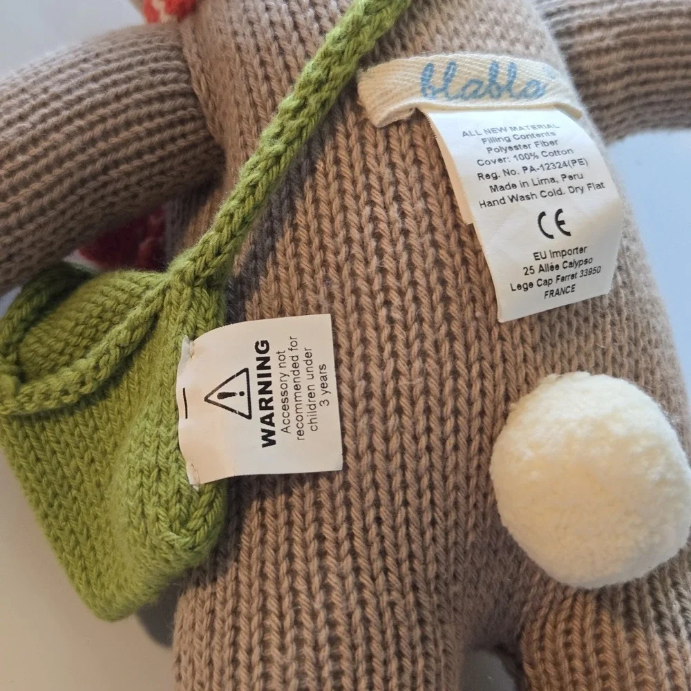Blabla Kids Hand Knit Bunny Rabbit‎ Plush Doll Cotton Taupe Scarf Satchel Peru